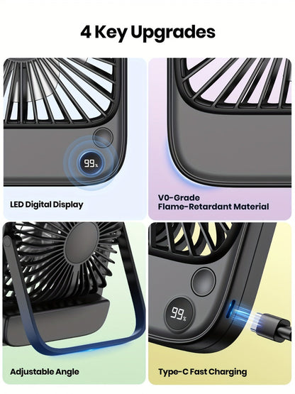 USB Desk Fan Battery Operated, 2000mAh & 5000mAh Rechargeable Mini Personal Fan, 4-Speed Adjustable
