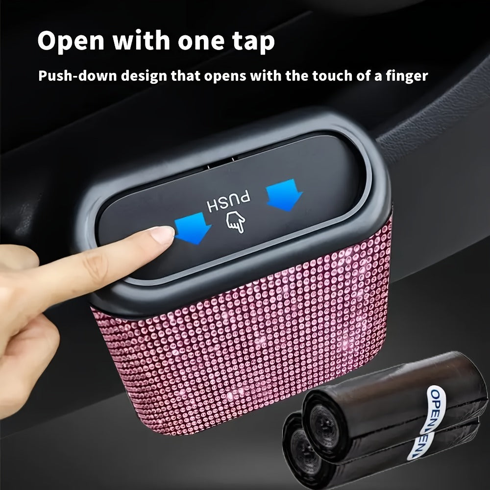 Rhinestone Push-Lid Car Trash Bin with Two Liner Bags, Black or Silver Finish and 16 cm Width