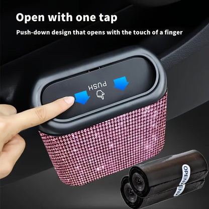 Rhinestone Push-Lid Car Trash Bin with Two Liner Bags, Black or Silver Finish and 16 cm Width