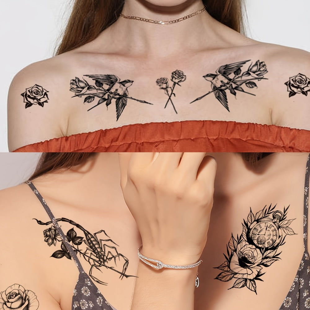 Temporary Tattoos GLARYYEARS 44-Sheet Black Floral, Butterfly and Snake Set with 9 Large and 35 Small Designs