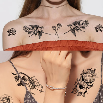 Temporary Tattoos GLARYYEARS 44-Sheet Black Floral, Butterfly and Snake Set with 9 Large and 35 Small Designs