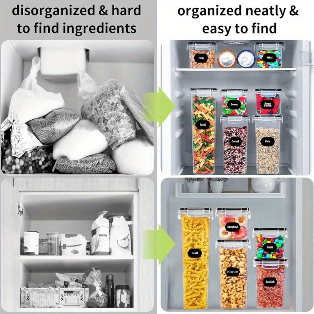 Pantry Jar Food Storage Organizer with Black Flip-Top Lids, Labels and Six Available Set Sizes
