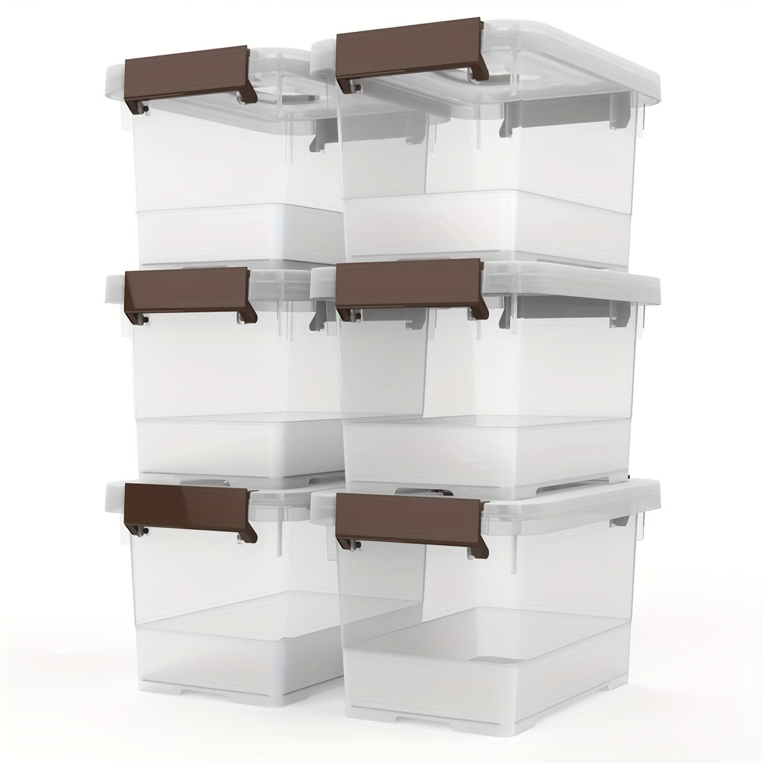 Six-Pack 3.5-Quart Clear Storage Bin Set with Brown Latches, Lid Handles and Stackable Shape