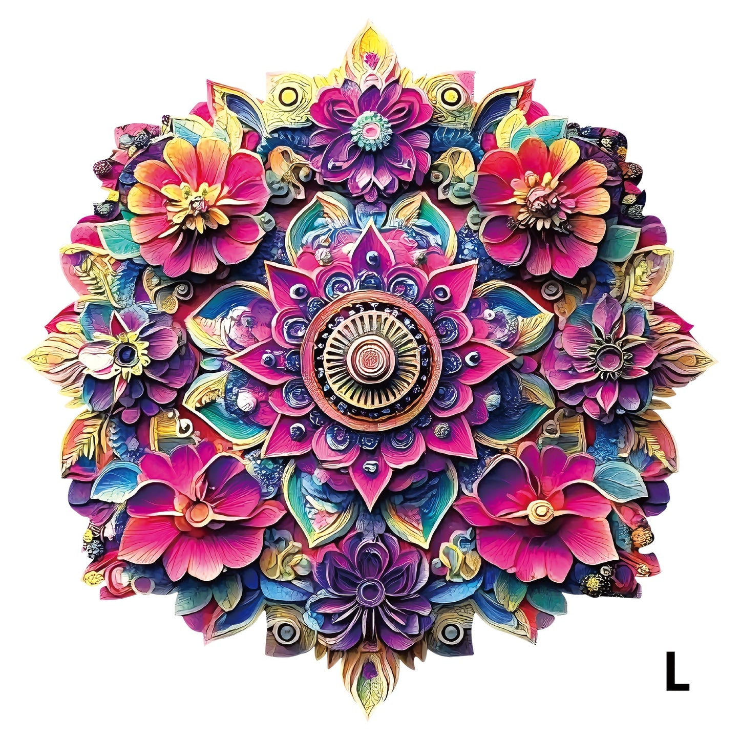 Floral Mandala Wooden Jigsaw Puzzle with Irregular Pieces and S, M and L Options from 5.31 to 11.02 Inches