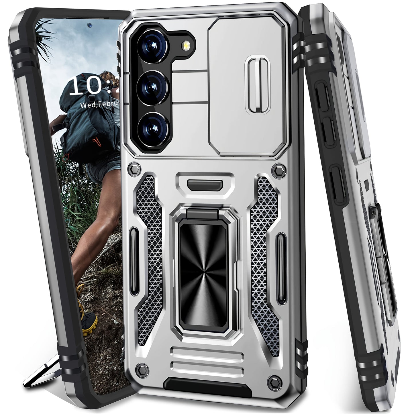 Samsung Galaxy Shockproof Magnetic Phone Case with 360° Rotating Ring Bracket & Sliding Lens Protector – Heavy Duty Cover for S24FE S23FE