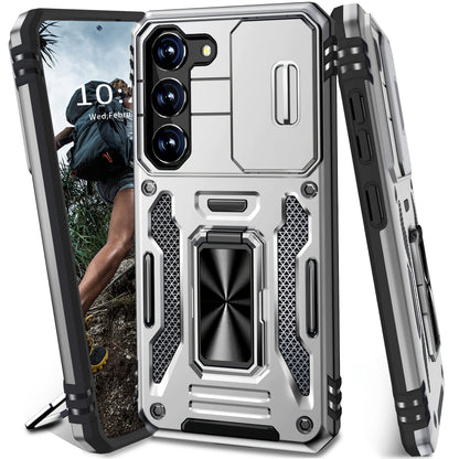 Samsung Galaxy Shockproof Magnetic Phone Case with 360° Rotating Ring Bracket & Sliding Lens Protector – Heavy Duty Cover for S24FE S23FE