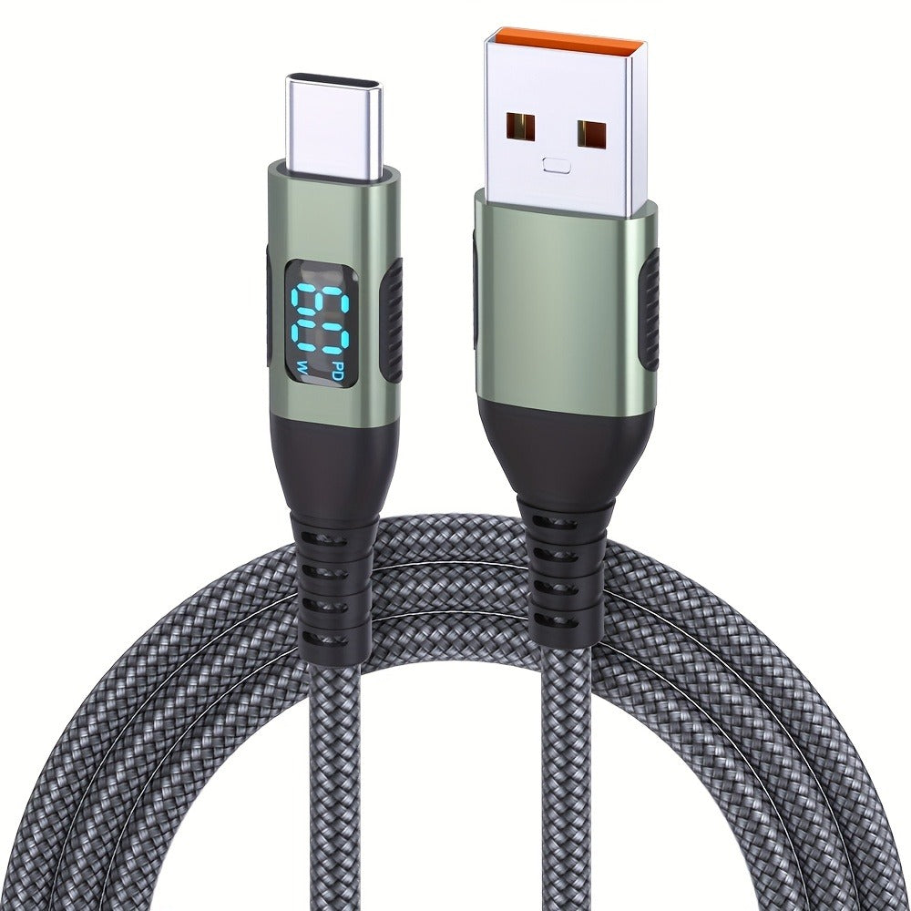 USB-A to USB-C Cable with LED Digital Display, 3A Fast Charging & 480Mbps Data Sync, Nylon Braided Anti-Overheat