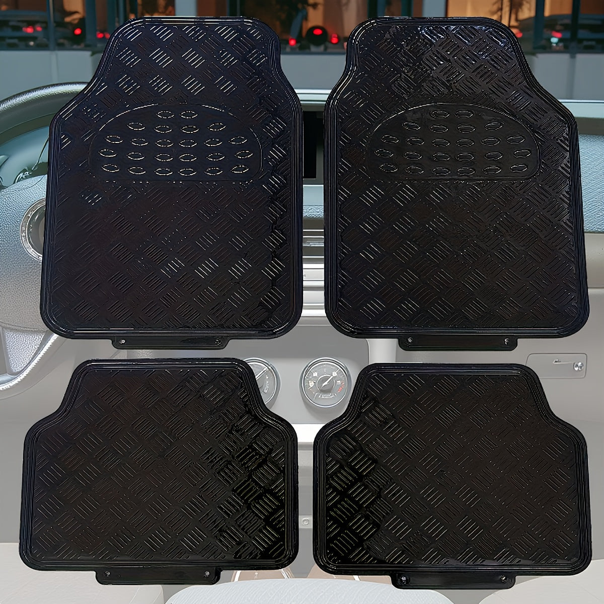 Molded Car Floor Mats, Four-Piece Front and Rear Set in Seven Solid and Carbon-Look Color Options