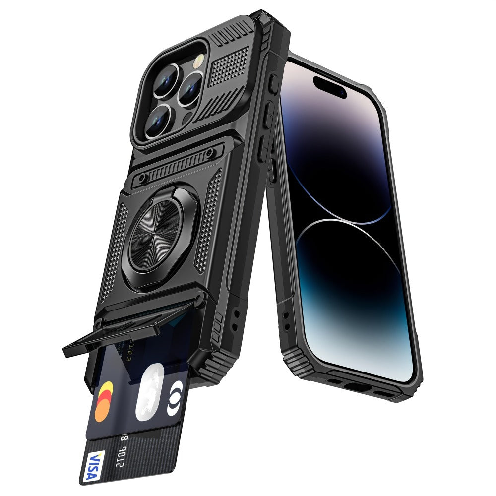 Phone Case Dual-Card Hard Shell Cover with 360-Degree Ring Kickstand for Select iPhone 14, 16 and 17 Models