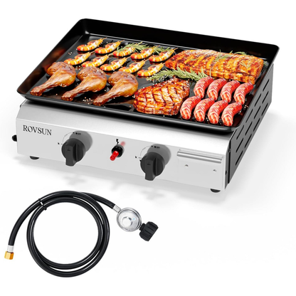 Flat Top Griddle Propane Tabletop 2 or 4 Burner, 20000 BTU Portable Gas Grill with Nonstick Enamel Tray