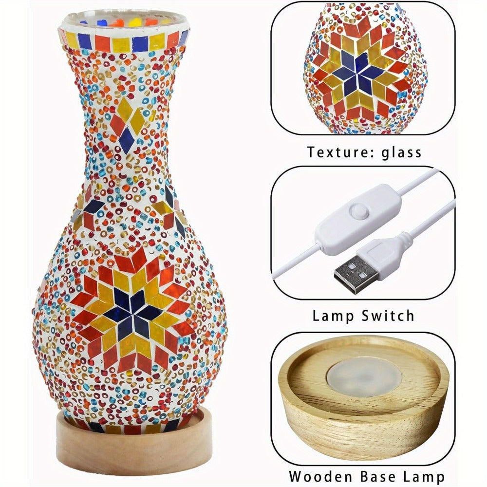 Mosaic Vase Lamp Turkish Moroccan Handmade Colorful Glass Table Lamp with Wooden Base, USB Plug-In Boho Night Light