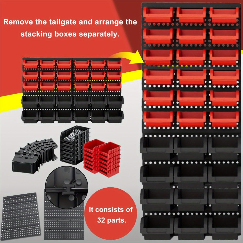 Wall Mounted Storage Bin Rack System, Small Parts Organizer for Screws, Nuts, Bolts & Nails, Stackable Garage Workshop Tool Storage Rack