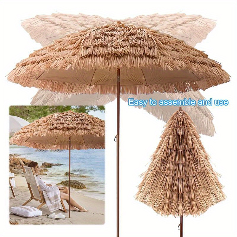 Patio Umbrella 7.5FT Thatch-Style Tiki Design with Steel Pole, Iron Frame, Push Tilt and One-Piece Option