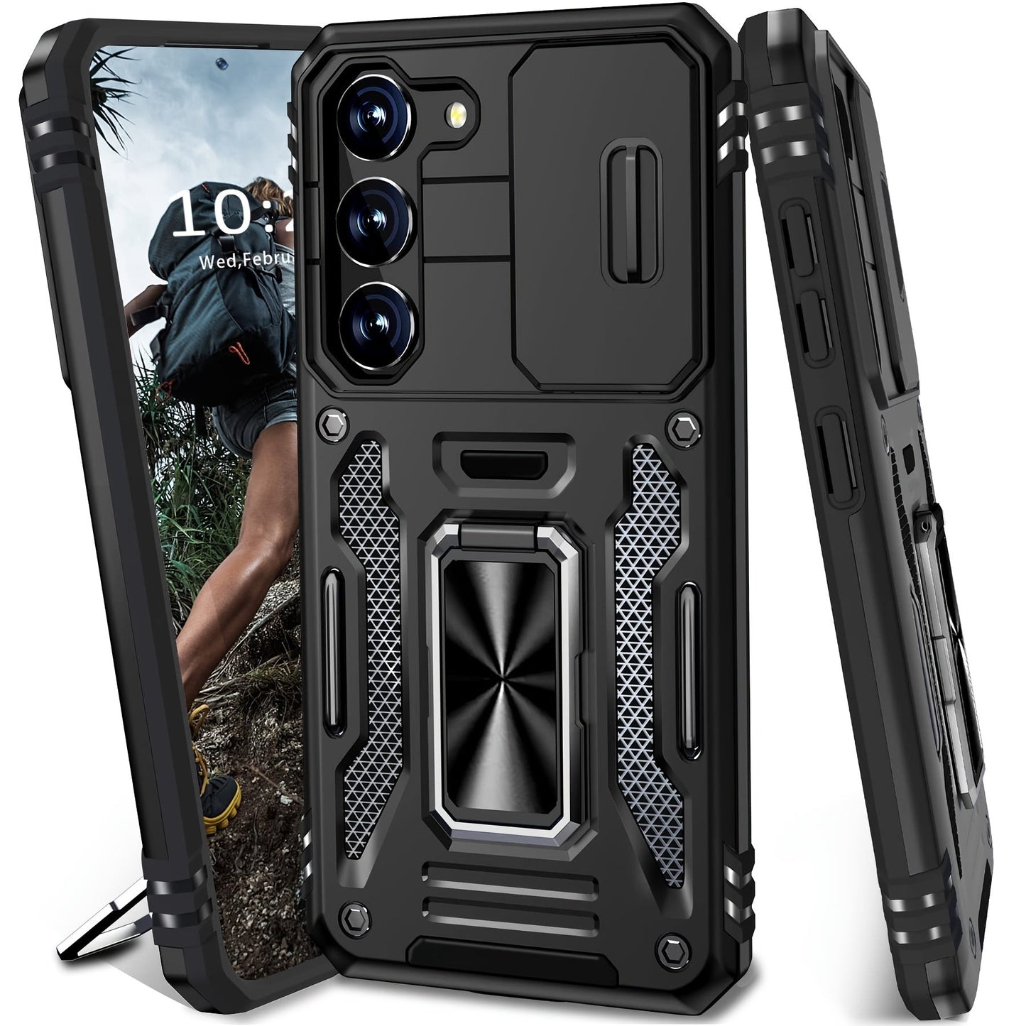 Samsung Galaxy Shockproof Magnetic Phone Case with 360° Rotating Ring Bracket & Sliding Lens Protector – Heavy Duty Cover for S24FE S23FE
