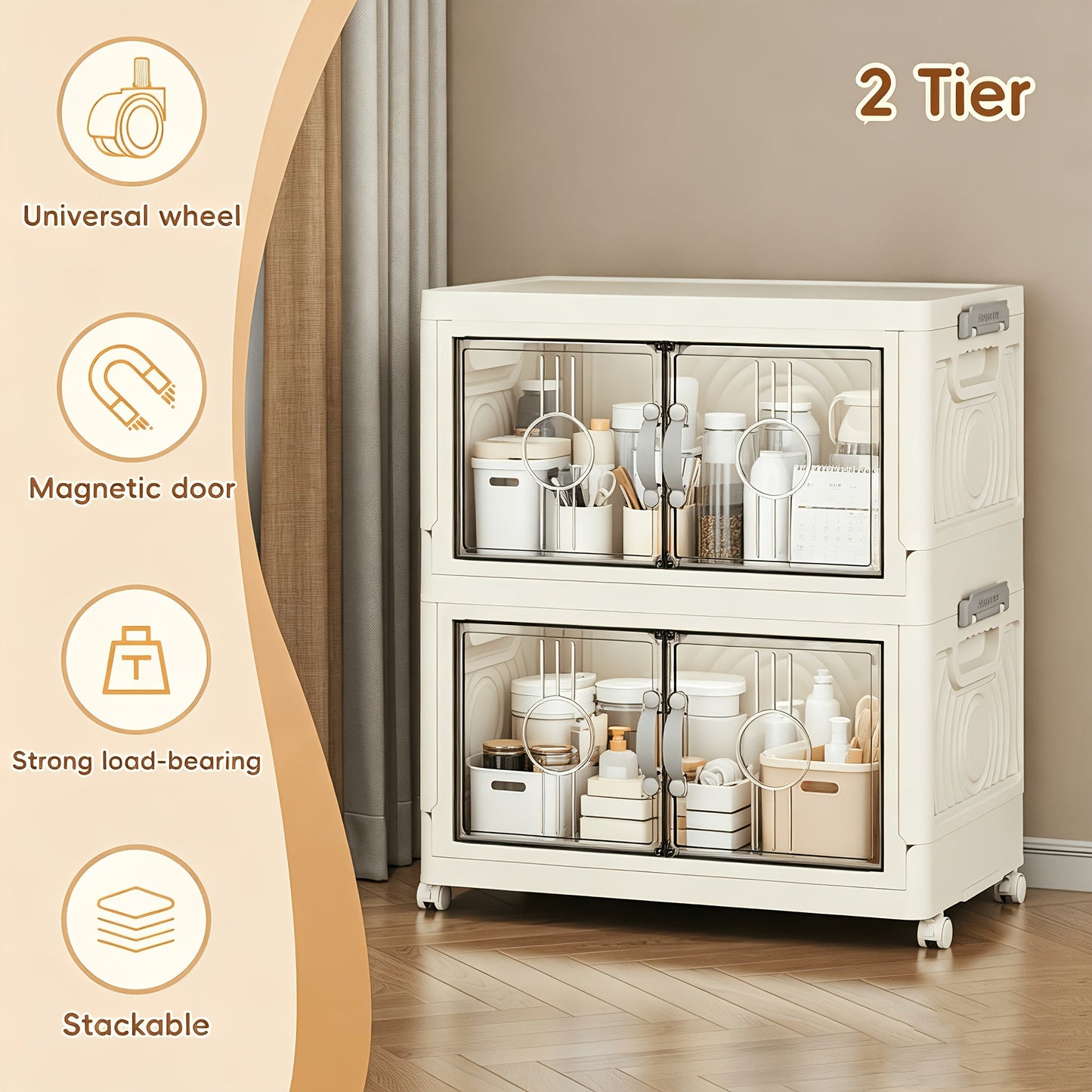 Collapsible Storage Bin with Lid, Foldable Storage Cabinet 2/3/4/5 Layer 48QT Plastic Organizer, Freestanding Storage Rack for Home