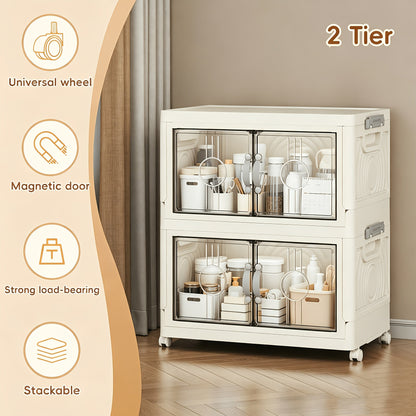 Collapsible Storage Bin with Lid, Foldable Storage Cabinet 2/3/4/5 Layer 48QT Plastic Organizer, Freestanding Storage Rack for Home