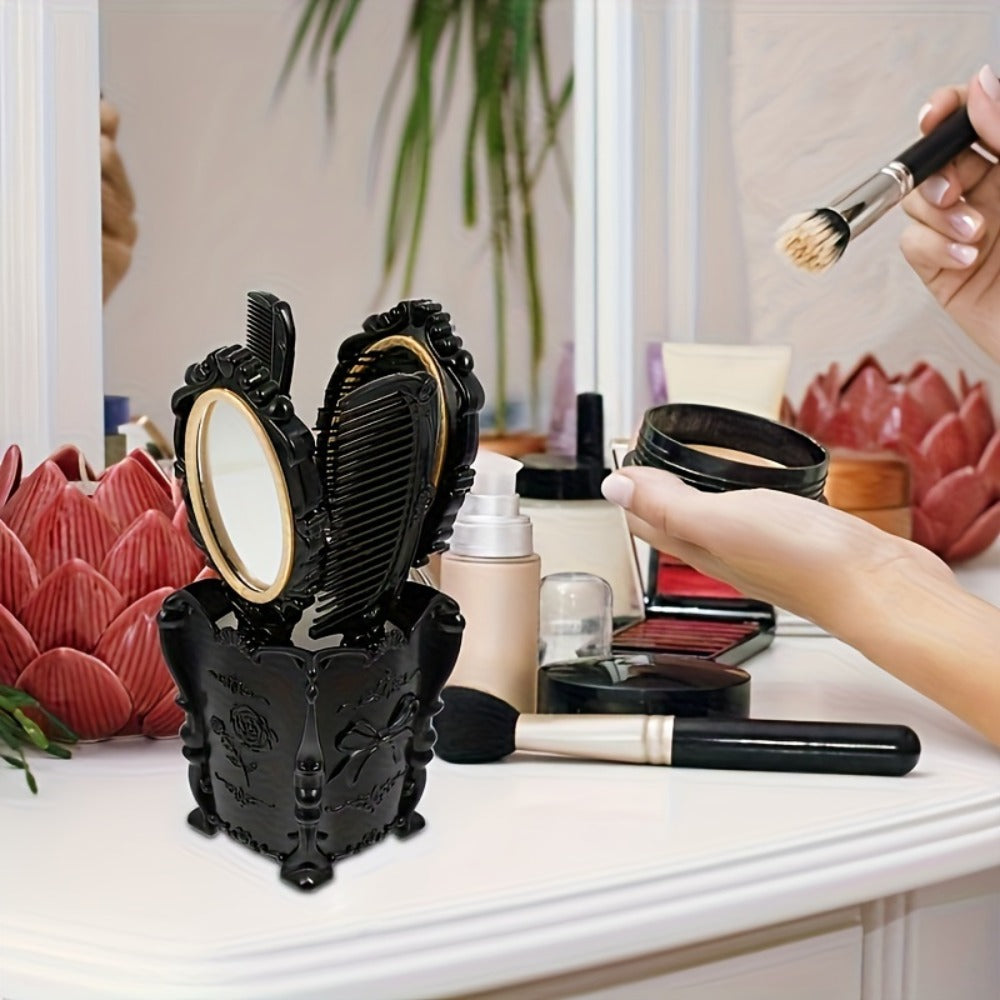 Retro Hair Comb Set with Mirror Scalp Massage Hairbrush Pocket Mirror Vintage Vanity Brush Set for Women Girls Travel Daily Grooming Makeup