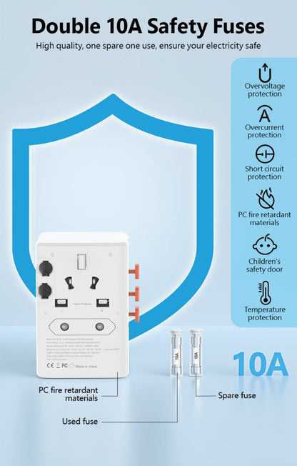 65W Universal Travel Adapter with 4 USB Ports - 2 USB-C & 2 USB-A Fast Charging, US EU UK AU Plugs