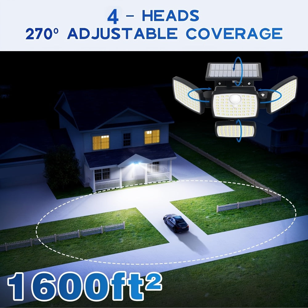 Solar Outdoor Motion Sensor Light 4-Head 3000LM, 270° Wide Angle, 3 Modes, Remote Control for Garden, Pathway and Patio Lighting