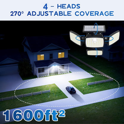 Solar Outdoor Motion Sensor Light 4-Head 3000LM, 270° Wide Angle, 3 Modes, Remote Control for Garden, Pathway and Patio Lighting