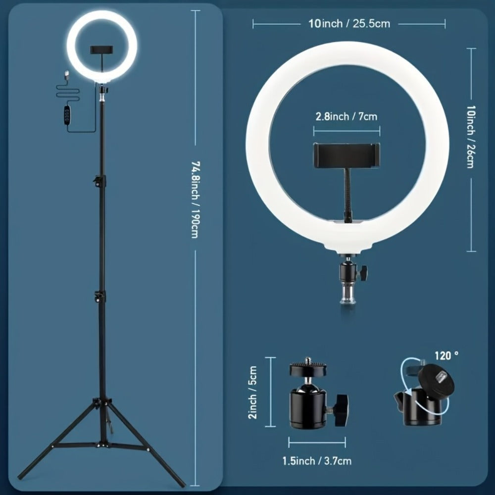 10- or 12-Inch USB Ring Light with Retractable Floor Tripod, Center Phone Holder and Lighting Options