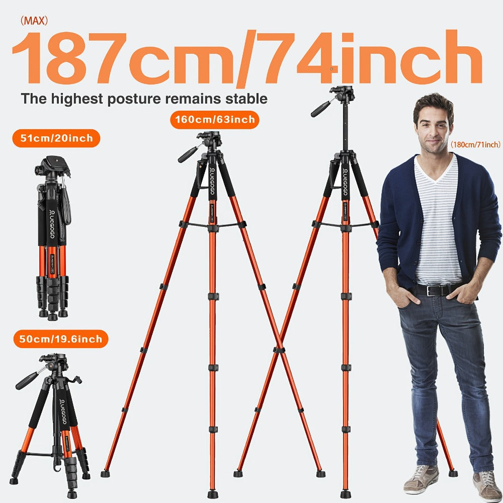 74-Inch Camera Tripod in Red and Black with Pan-and-Tilt Head, Phone Holder, Quick-Release Plate and Carry Bag