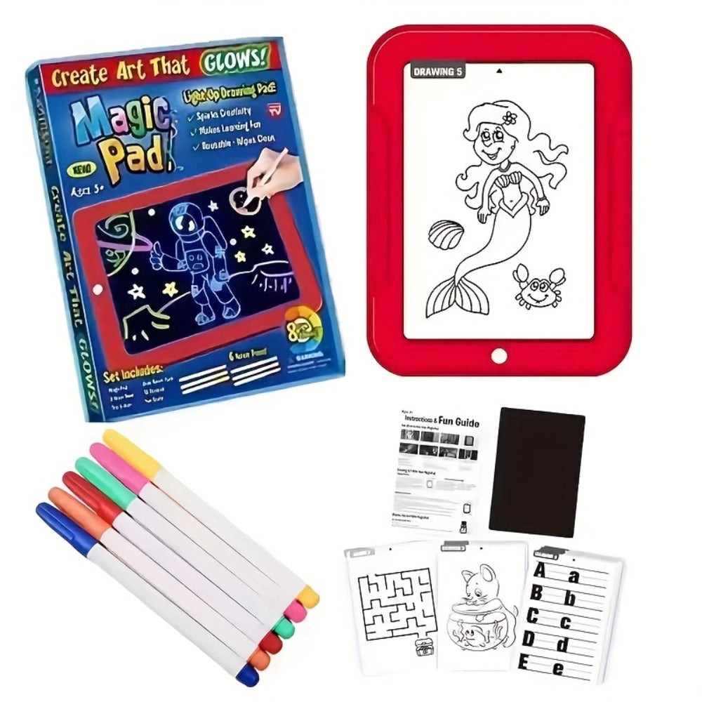Light Up Drawing Board for Kids LED Doodle Art Set with Colorful Markers & 30 Cards Ages 3-8, Battery-Powered Glow Writing Board