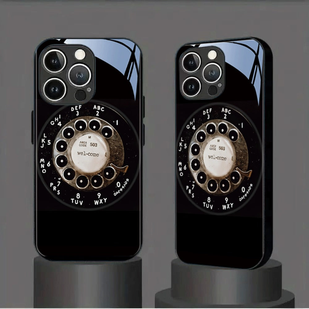 Phone Case Vintage Rotary Dial Tempered Glass Back with TPU Bumper for iPhone 17 Air in Slim Black Style