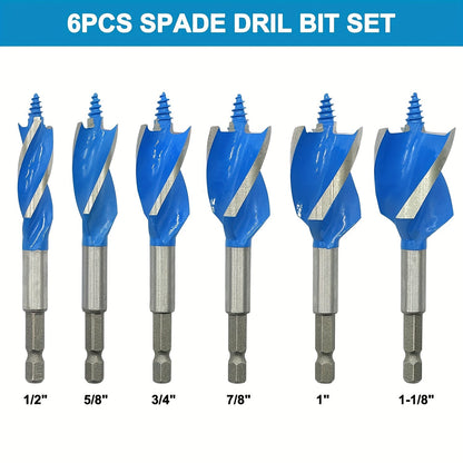 Drill Bit Set 6PCS Hex Shank Quick Change - Metal Hexagonal Handle with 4 Slots & 4 Blades