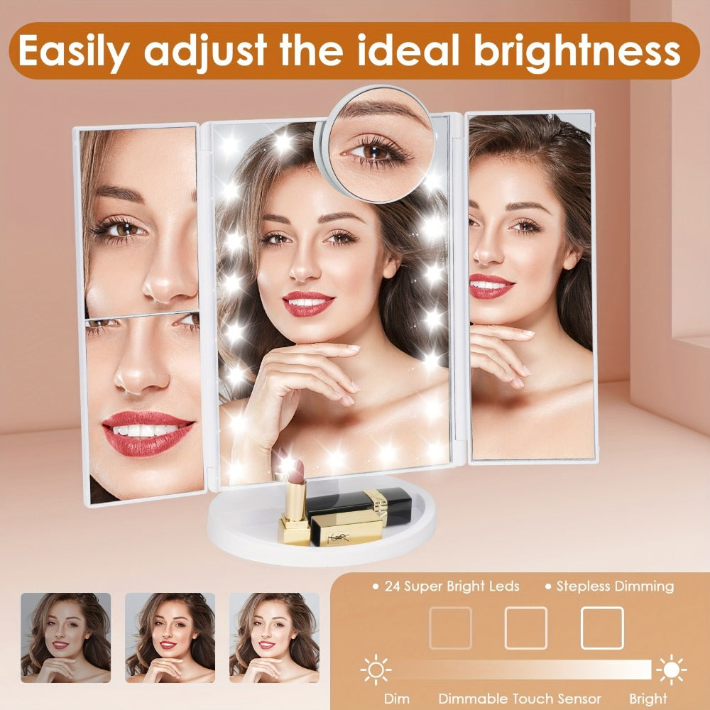 Trifold LED Vanity Mirror with 1X 2X 3X 10X Magnification Touch Screen Adjustable Brightness, for Makeup, Travel and Everyday Vanity Use