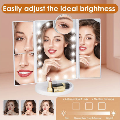 Trifold LED Vanity Mirror with 1X 2X 3X 10X Magnification Touch Screen Adjustable Brightness, for Makeup, Travel and Everyday Vanity Use