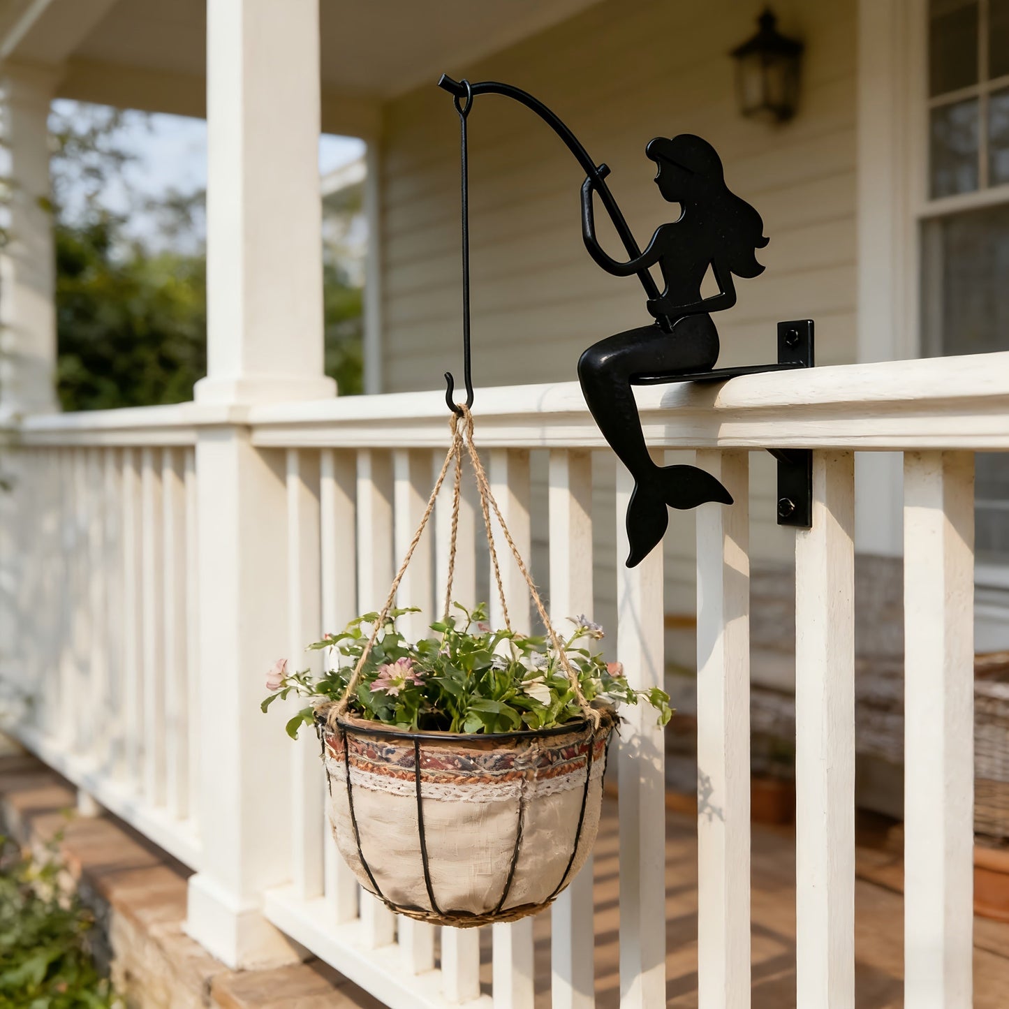 Wall Planter Hanging Iron Art Mermaid Flower Pot Holder for Balcony Vertical Garden – Creative Fisherman Theme Indoor Outdoor Plant Stand