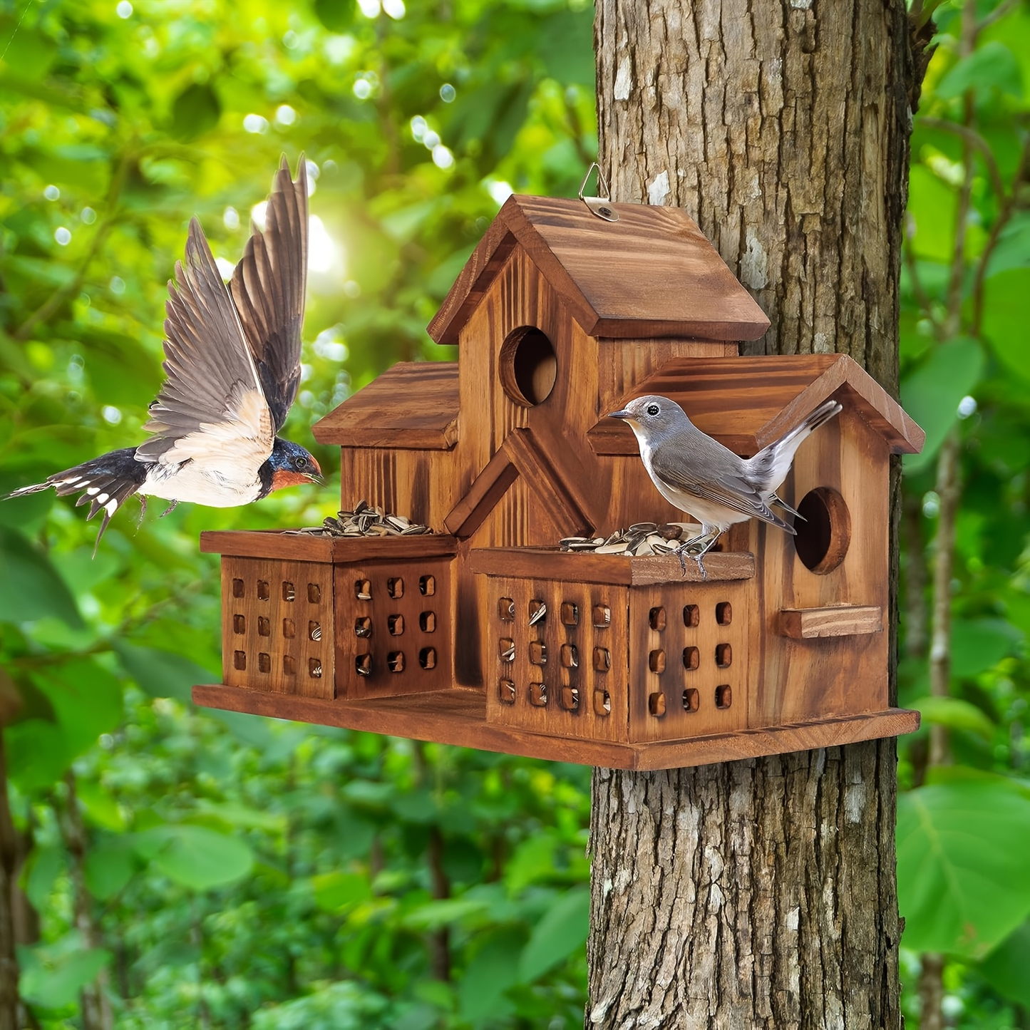 Hummingbird House Outdoor Large Birdhouse with Feeder, 3-Hole Natural Handmade Wood Bird House for Bluebird, Backyard Garden Decor