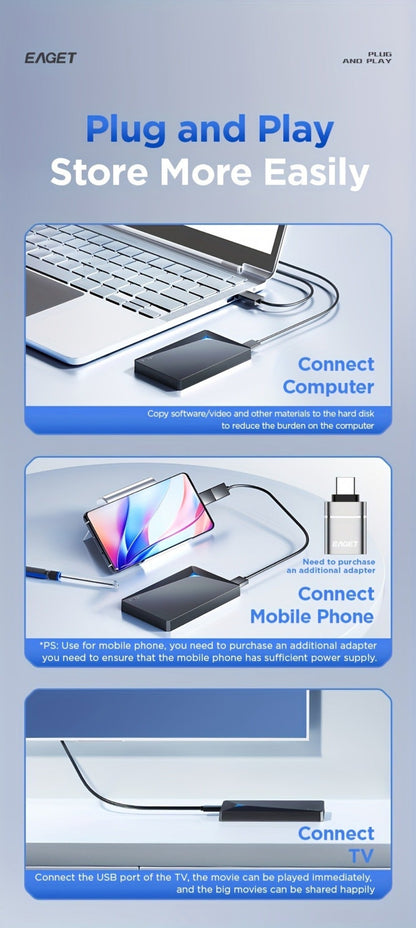Portable USB 3.0 Hard Drive with 250GB or 320GB Capacity, Black EAGET G20 Enclosure and Micro-B Connector