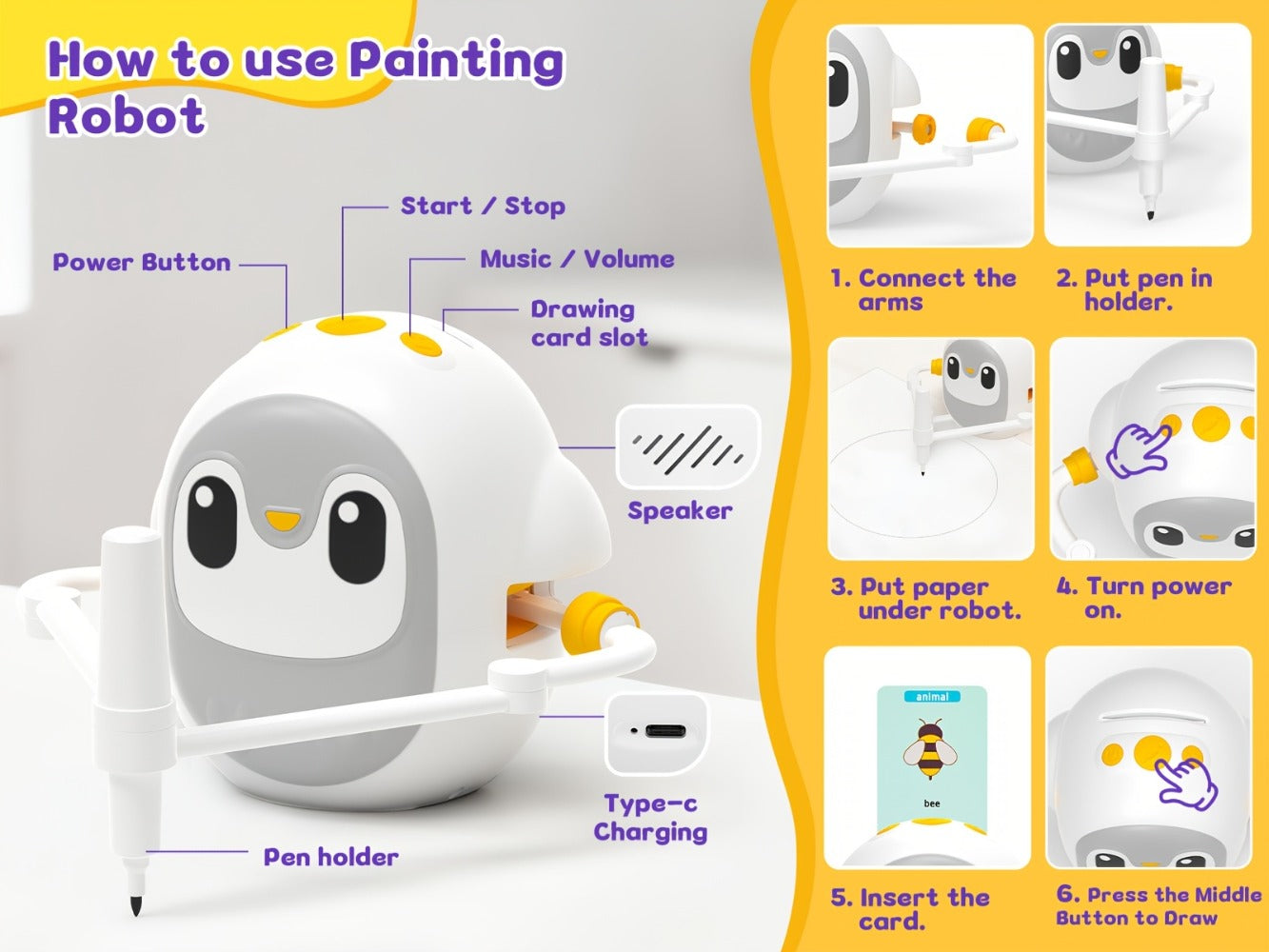 Drawing Robot for Kids Penguin, 200 Learning Cards & 12 Color Pens, STEM Art Educational Toy, Screen-Free Interactive Drawing Game