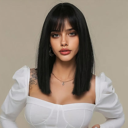 Synthetic Wig 16-Inch Black Straight Blunt Bob with Bangs, 180% Density and Rose Net Cap for Office Wear