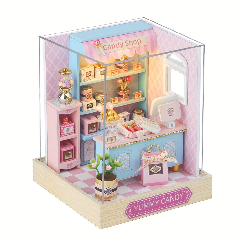 DIY Miniature Shop Dollhouse Kit with Dust Cover, Wooden Mini Store Assembly Set, 4 Themes Sakura Noodles Candy Atelier Coffee