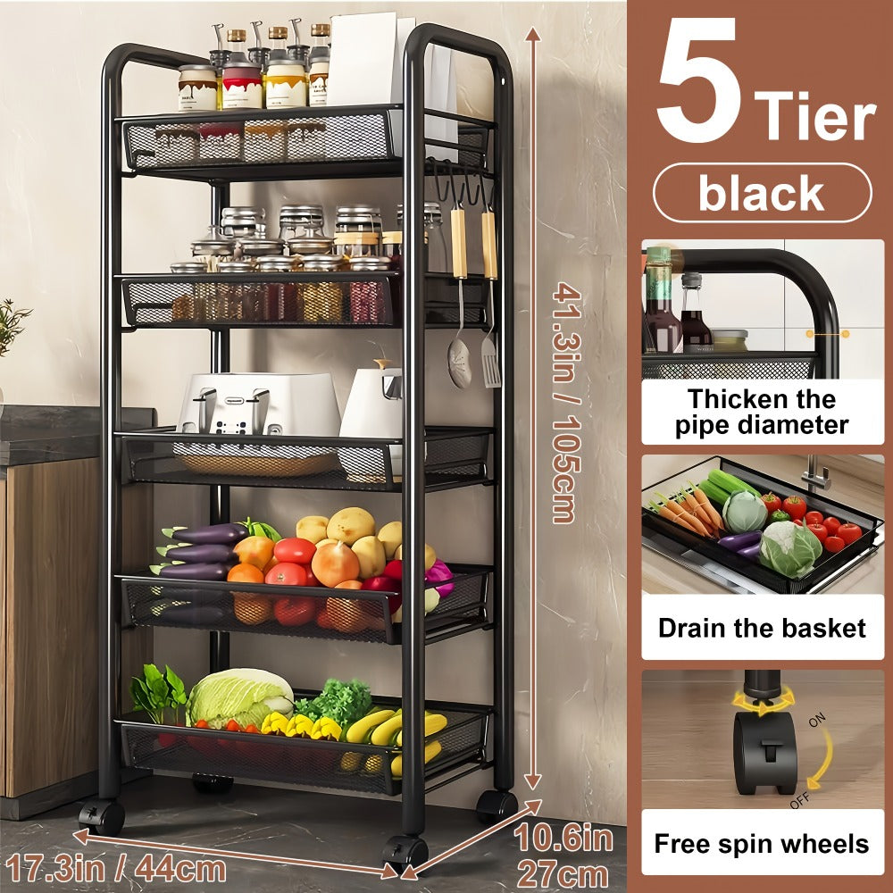 Rolling Storage Cart on Wheels – 3/4/5 Tier Carbon Steel Wire Basket Trolley, Black Metal Utility Cart for Kitchen, Bathroom, Bedroom