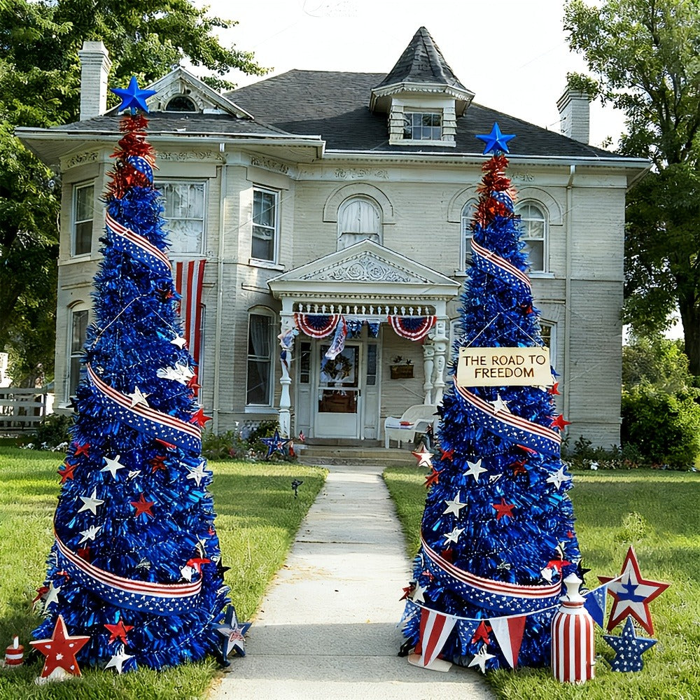 4th of July Decorative Tree 5ft LED Light, Foldable Patriotic Stars & Stripes Blue Christmas Tree with Red White Blue LED String Lights