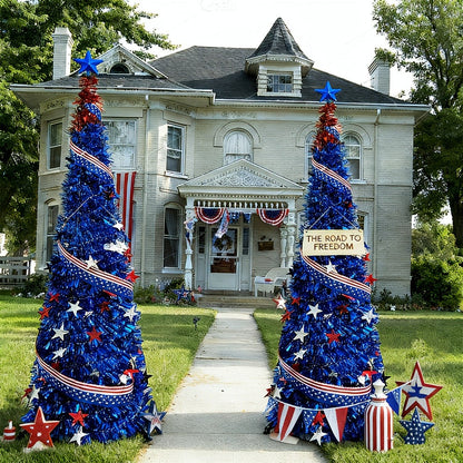 4th of July Decorative Tree 5ft LED Light, Foldable Patriotic Stars & Stripes Blue Christmas Tree with Red White Blue LED String Lights