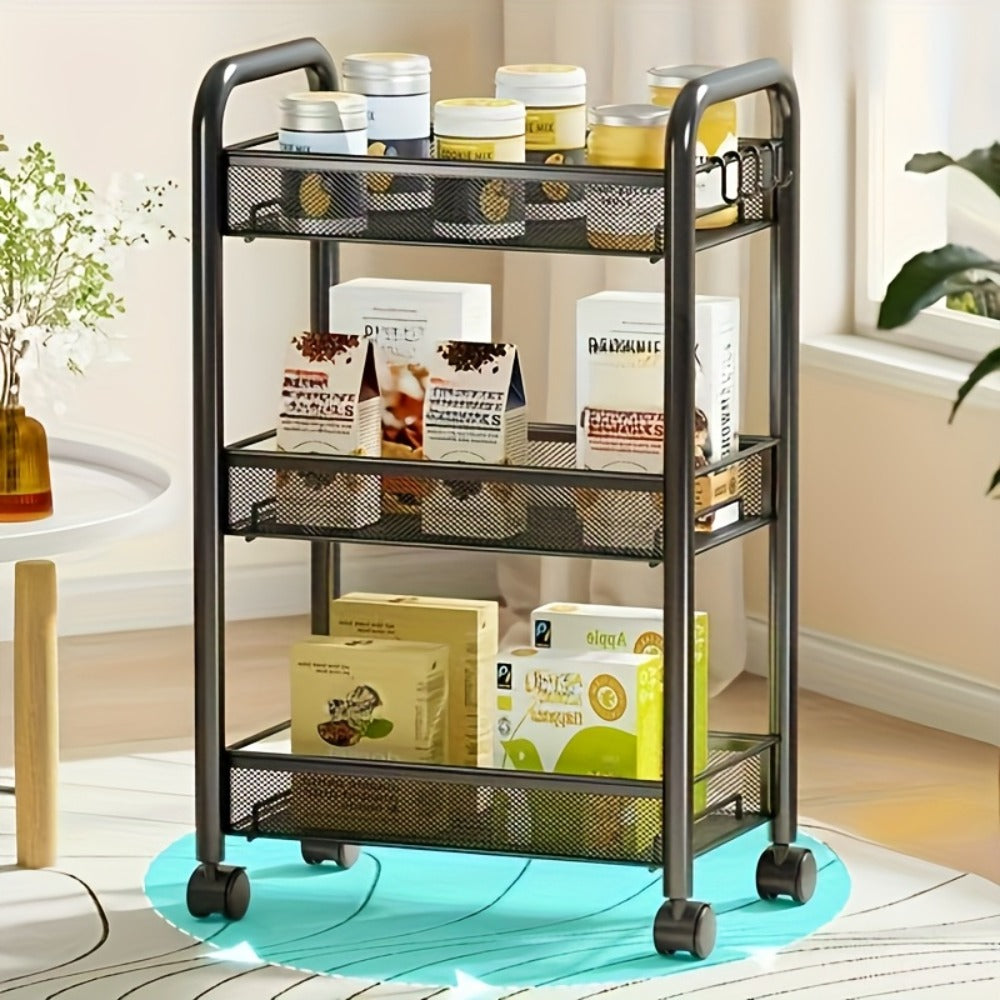 Rolling Storage Cart on Wheels – 3/4/5 Tier Carbon Steel Wire Basket Trolley, Black Metal Utility Cart for Kitchen, Bathroom, Bedroom