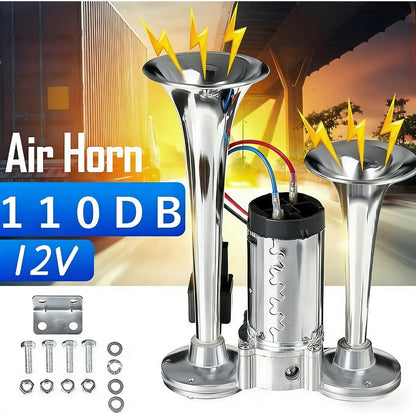 Dual Trumpet Air Horn Kit 12V 110dB – Super Loud Electric Horn with Compressor, Chrome Zinc-Alloy, Universal Fit for Car Truck SUV Boat