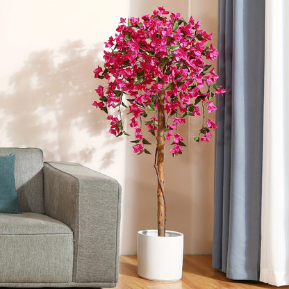 Artificial Bougainvillea Tree, 5-Foot Pink Flowering Plant with Wood-Look Trunk and Black Base Pot