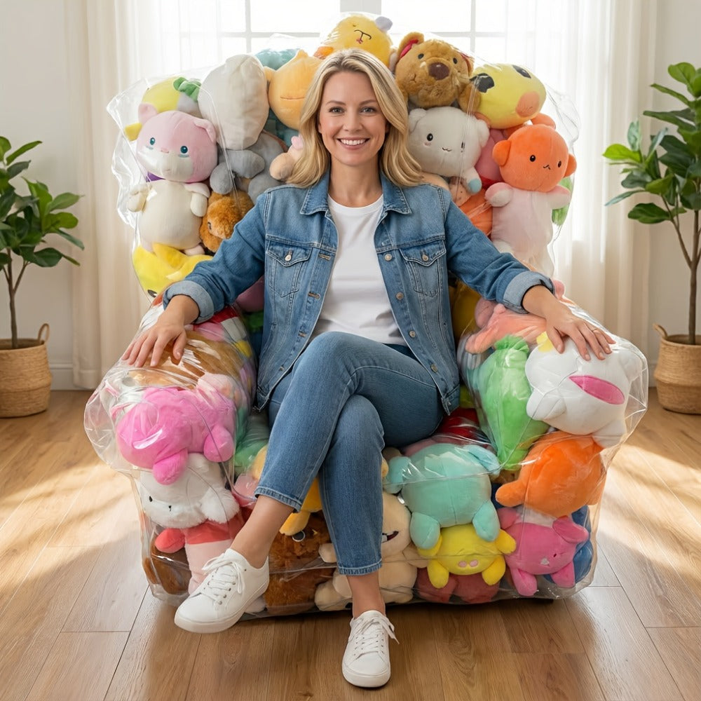 Large Transparent Plush Toy Storage Bag with Zipper Closure Stuffed Animal Organizer Bean Bag Chair Cover Openable Filling 100x90cm Clear