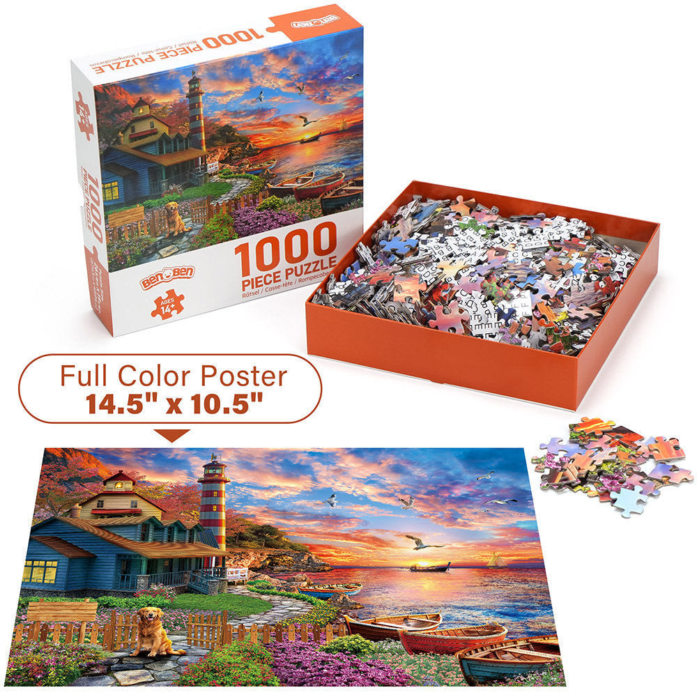 1000 Piece Jigsaw Puzzles for Adults 3 Pack – Sunset Lighthouse, Bird Crochet & Moroccan Pottery Set, Precision-Cut Brain Teaser Family