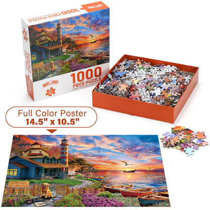1000 Piece Jigsaw Puzzles for Adults 3 Pack – Sunset Lighthouse, Bird Crochet & Moroccan Pottery Set, Precision-Cut Brain Teaser Family