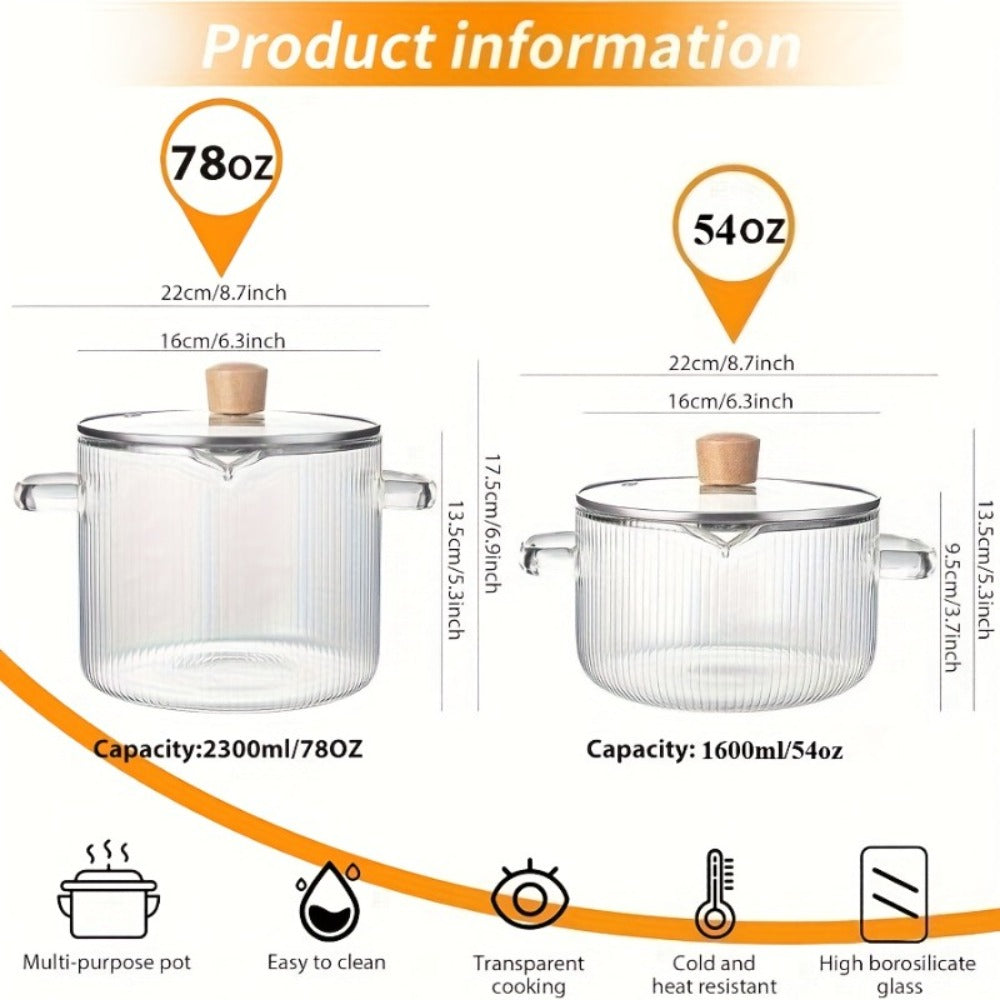 Glass Saucepan Set 2-Pack Stovetop Safe Borosilicate Ribbed Pots with Lids – 78oz & 54oz Heat Resistant Cookware for Soup, Ramen