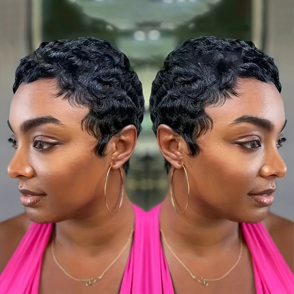 Deep Wave Pixie-Cut Human Hair Wig with Bangs and Short Full Cap in a Black 4-Inch Hair Style