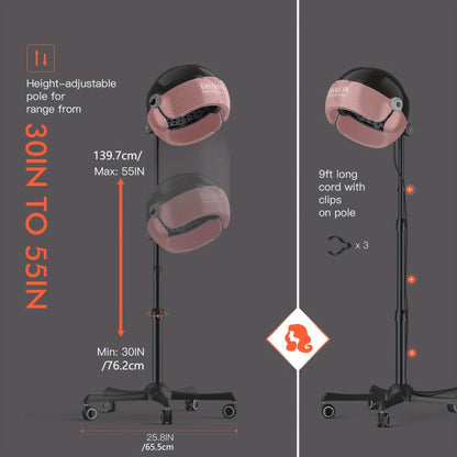 Hooded Hair Dryer 1875W Ionic Standing Bonnet Dryer on Wheels, 3 Heat Settings, Height Adjustable 30-55"