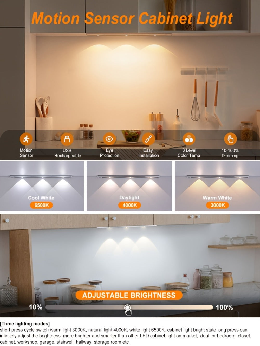 LED Sensor Strip Light USB Rechargeable – 3-Color Dimmable Motion Sensing Wireless Night Light for Kitchen, Wardrobe, Cabinet